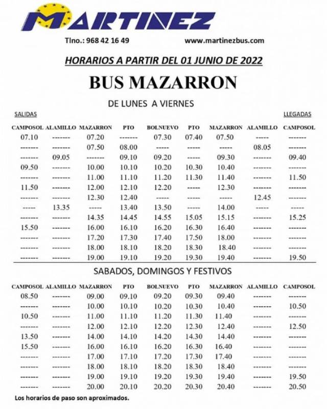New bus timetables for the regular Lorca-Alhama-Totana-Puerto de Mazarron line and local Mazarrón services