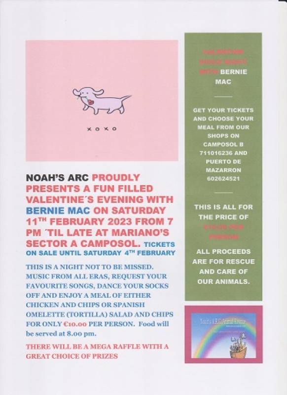 February 11 Valentines evening at Marianos in aid of Noahs Arc Animal Charity