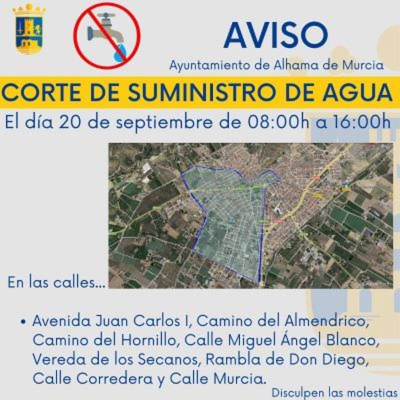 Planned cut to water supply in Alhama de Murcia: Wednesday September 20